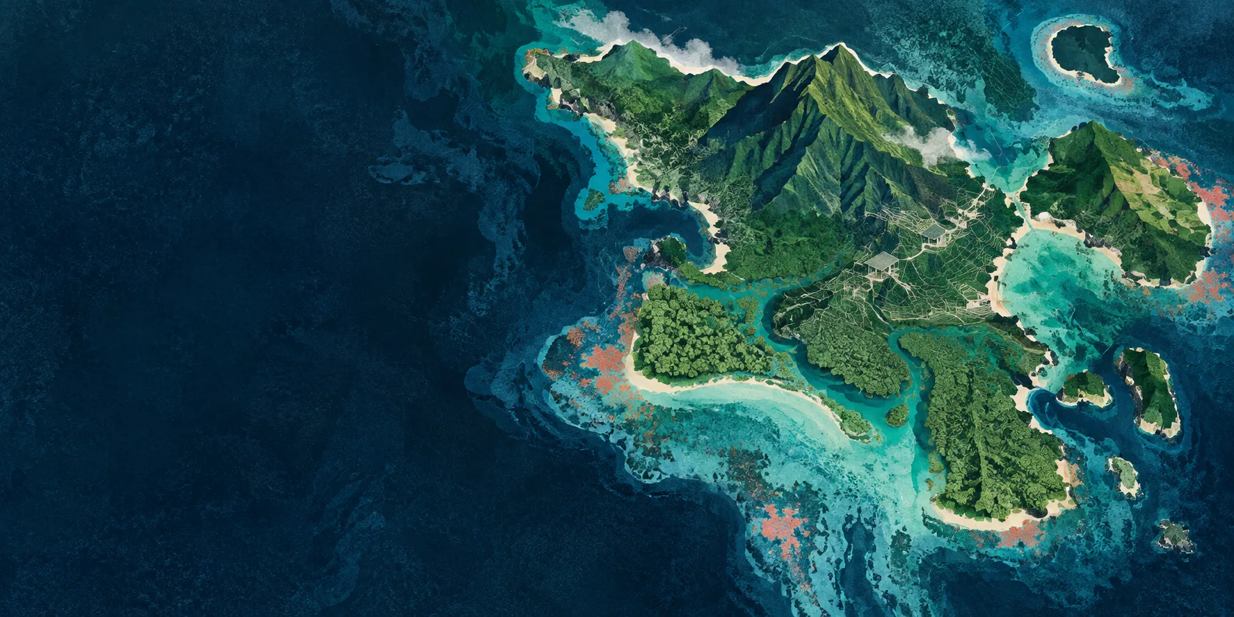 Illustration éditoriale d'un paysage insulaire, entre relief végétal et constructions stylisées